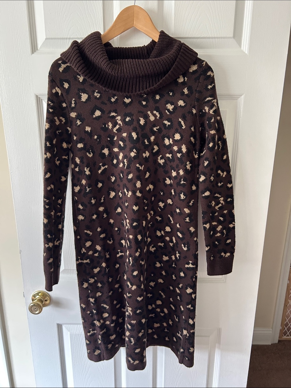 Tommy Hilfiger Brown Leopard-Print Cowl Neck Sweater Dress